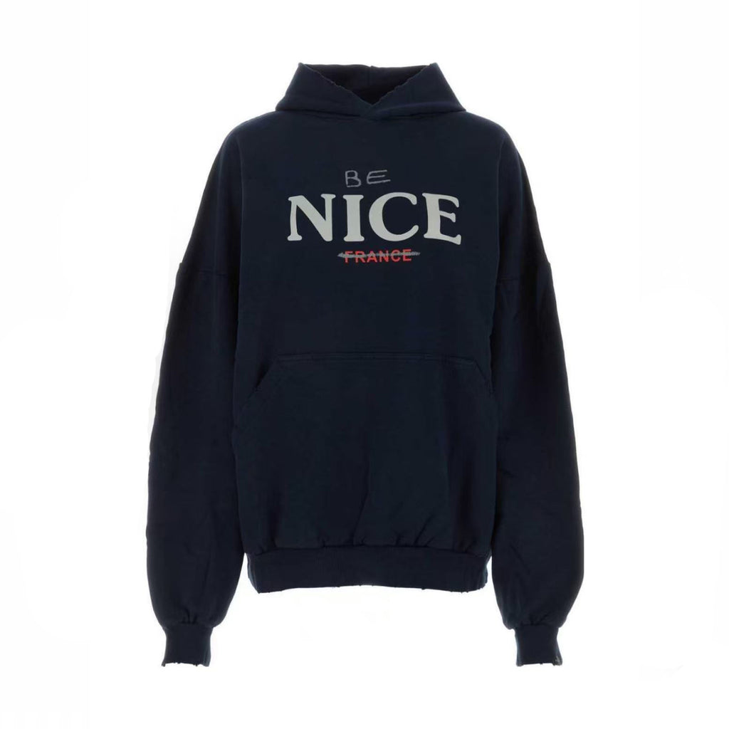Balenciaga Men's Autumn And Winter Letter Printed Sweatshirt Hooded Long Sleeve Pullover Sweatshirt Navy Blue High Street Trendy Top #81625
