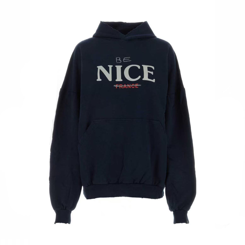 Balenciaga Men's Autumn And Winter Letter Printed Sweatshirt Hooded Long Sleeve Pullover Sweatshirt Navy Blue High Street Trendy Top #81625