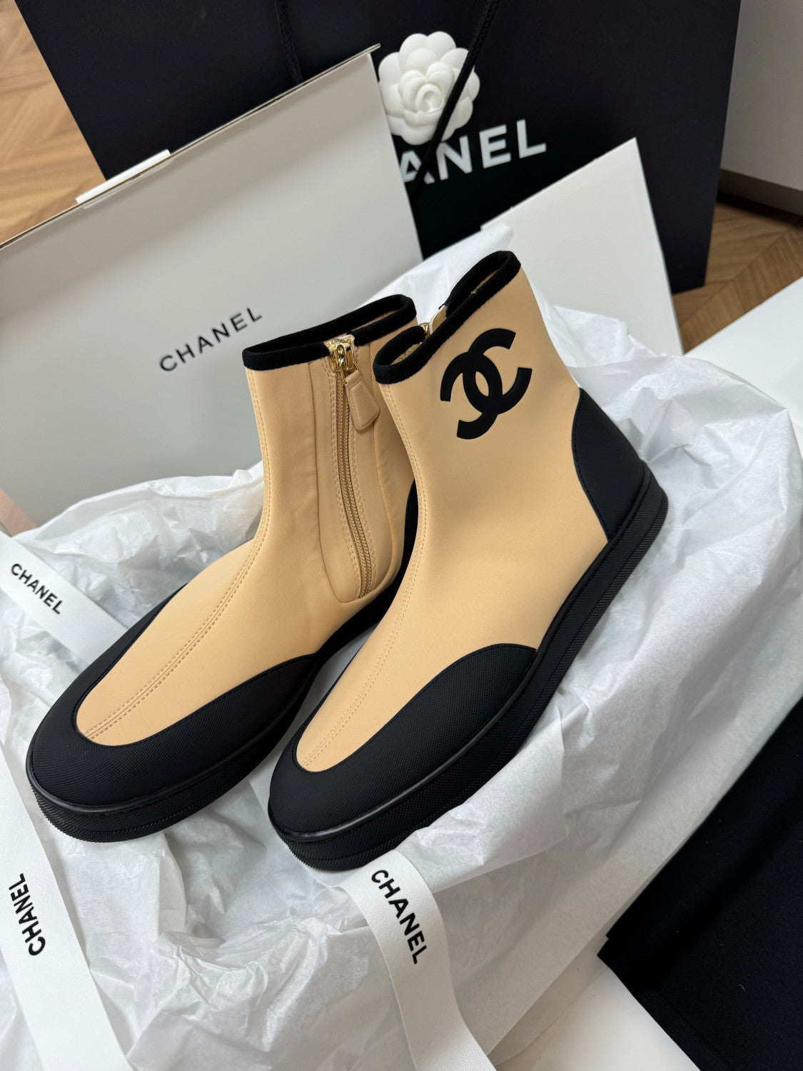 CHANEL Short Boots Mixed Fibers Rubber Beige Black #387573