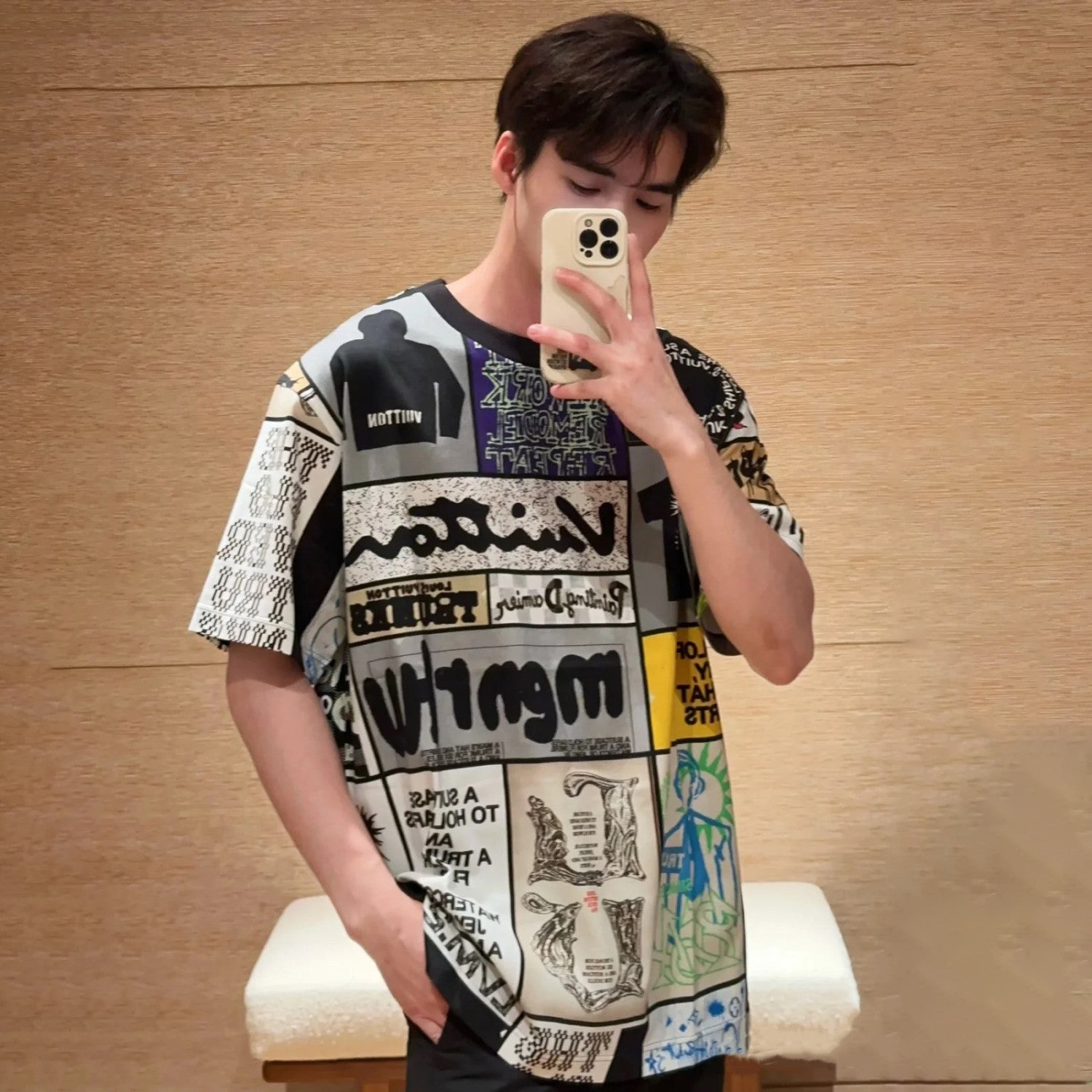 Louis Vuitton Men's Summer Multicolour Splicing Pattern Printed Cotton Round Neck Short Sleeve T-Shirt #97867