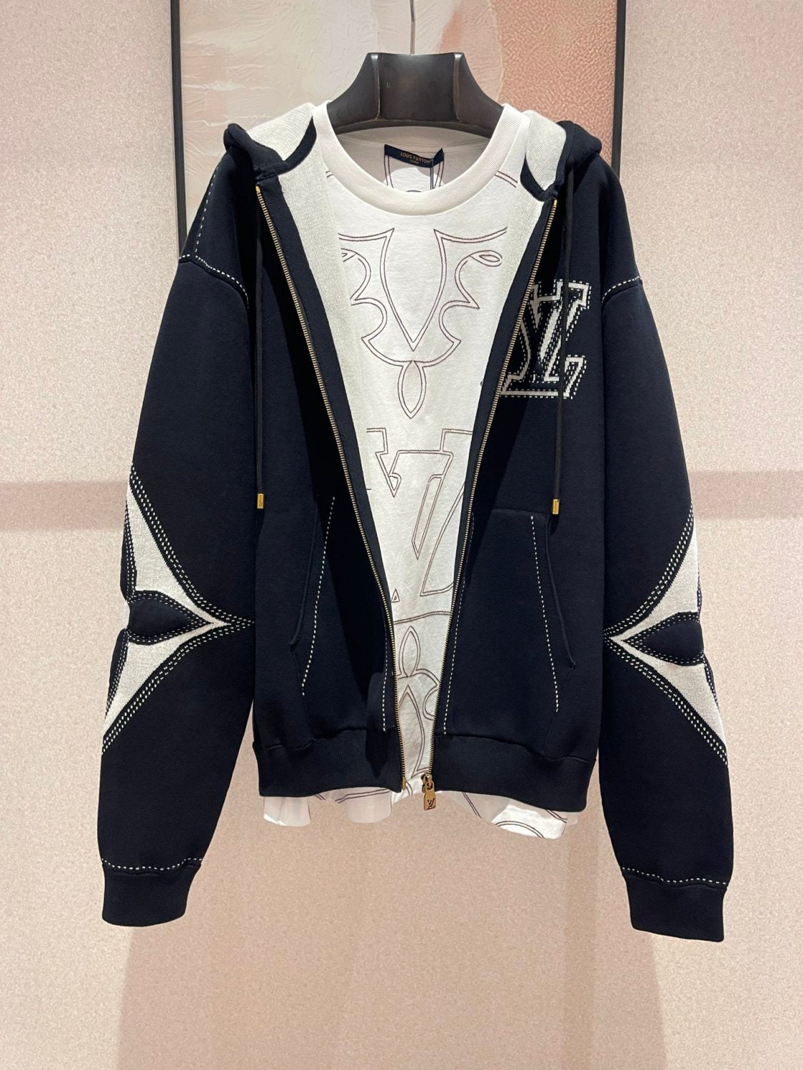 Louis Vuitton Women's Fall/Winter Black Logo Applique Zipper Hooded Long Sleeve Jacket #73154