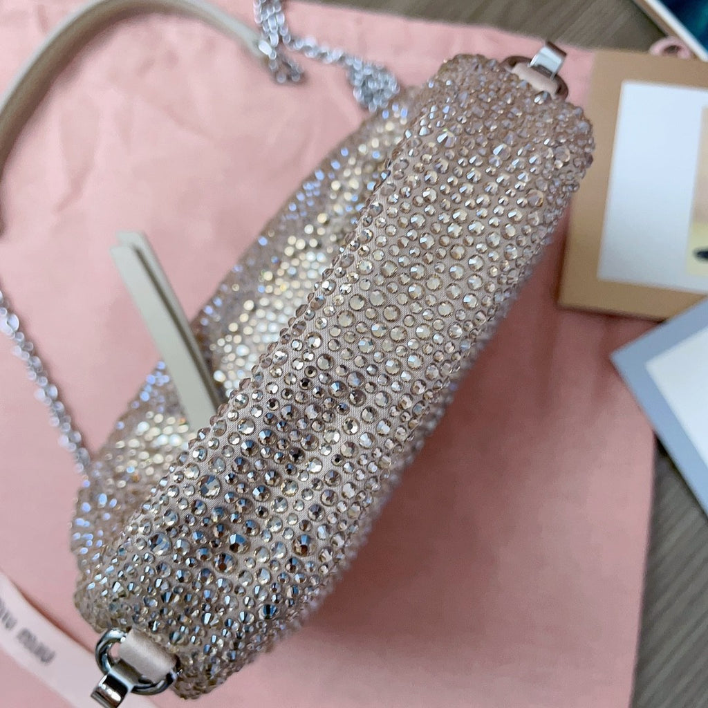 MiuMiu Wander Women's Metal Engraved Logo Detachable Chain Shoulder Strap Faux Crystal Embellished Shoulder Slanting Handbag Bag Bags #76744