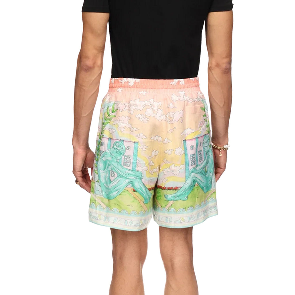 Casablanca Men's Women's Spring And Autumn Vase Print Lapel Single-Breasted Short-Sleeved Linen Shirt Casual Elastic Waist Loose Shorts Ngvp #9386