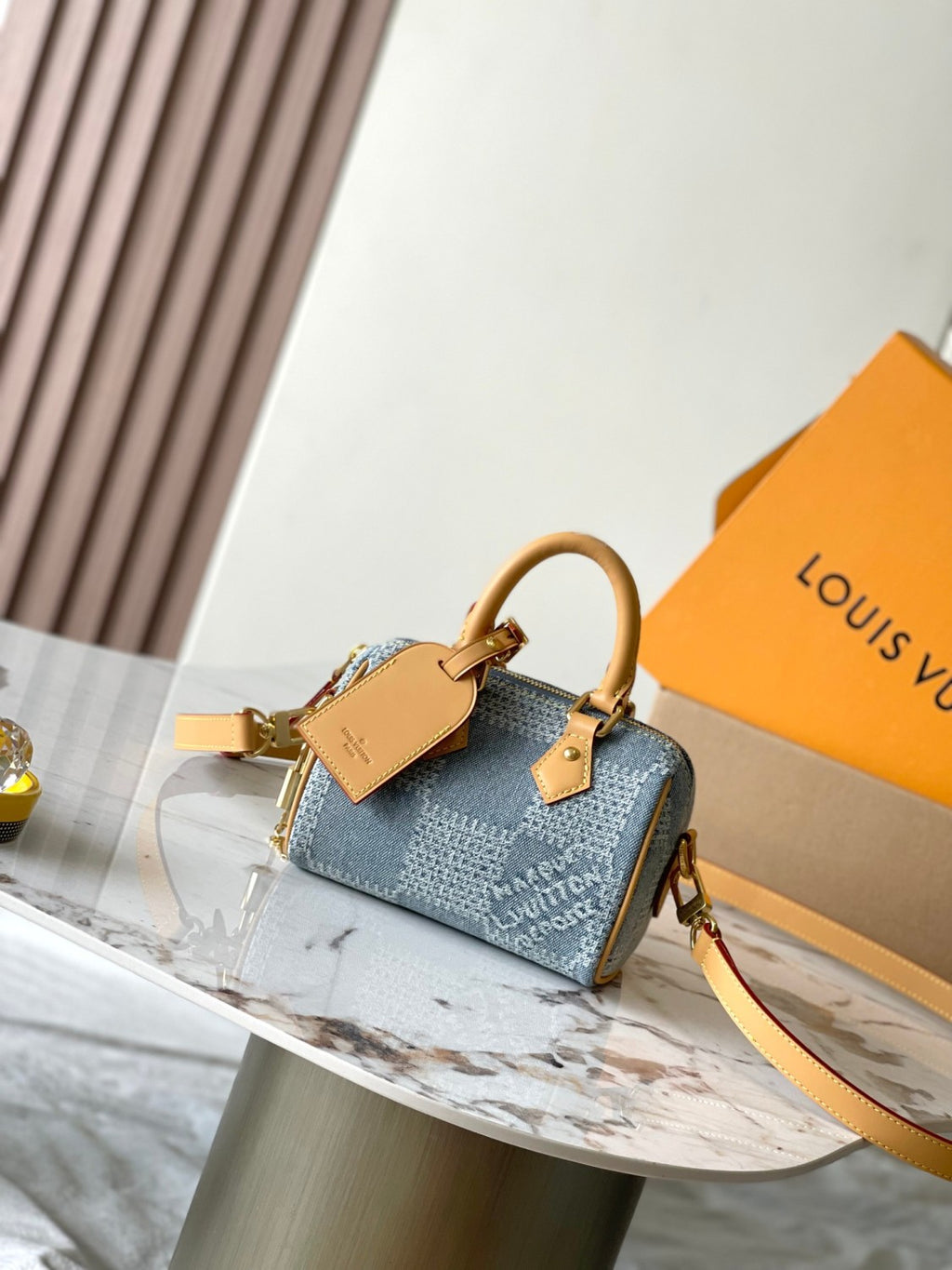Louis Vuitton Speedy 18 Bandoulière Men's and Women's Checkerboard Printed Denim Patchwork Leather Single Shoulder Crossbody Tote Bag Bags #76848