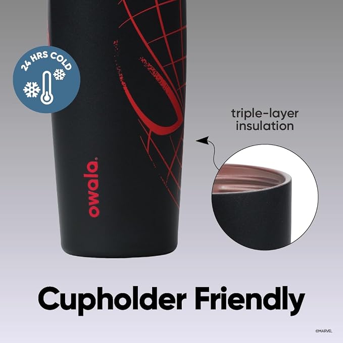 Owala Spider-Man FreeSip Sway Insulated Stainless Steel Water Bottle with Two-Way Spout. Built-in Straw and Bucket Handle. Suitable for School and Sports. 30 oz (approx. 850.5 g). BPA-Free. Leak-Proof. Night Watch