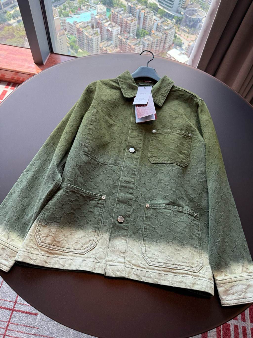 Gucci Men's Summer Fashion Casual Collared Single-Button Long Sleeve Shirt with Double G Jacquard Pattern. Paired with Casual Single Button Shorts Suit Set #78678