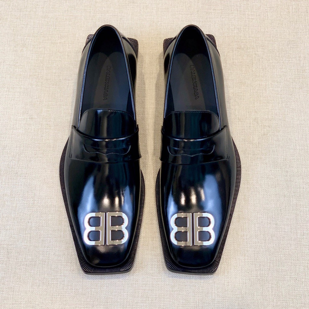Balenciaga Men's Solid Colour Square Toe Metal BB Logo Cowhide Leather Shoes #77218