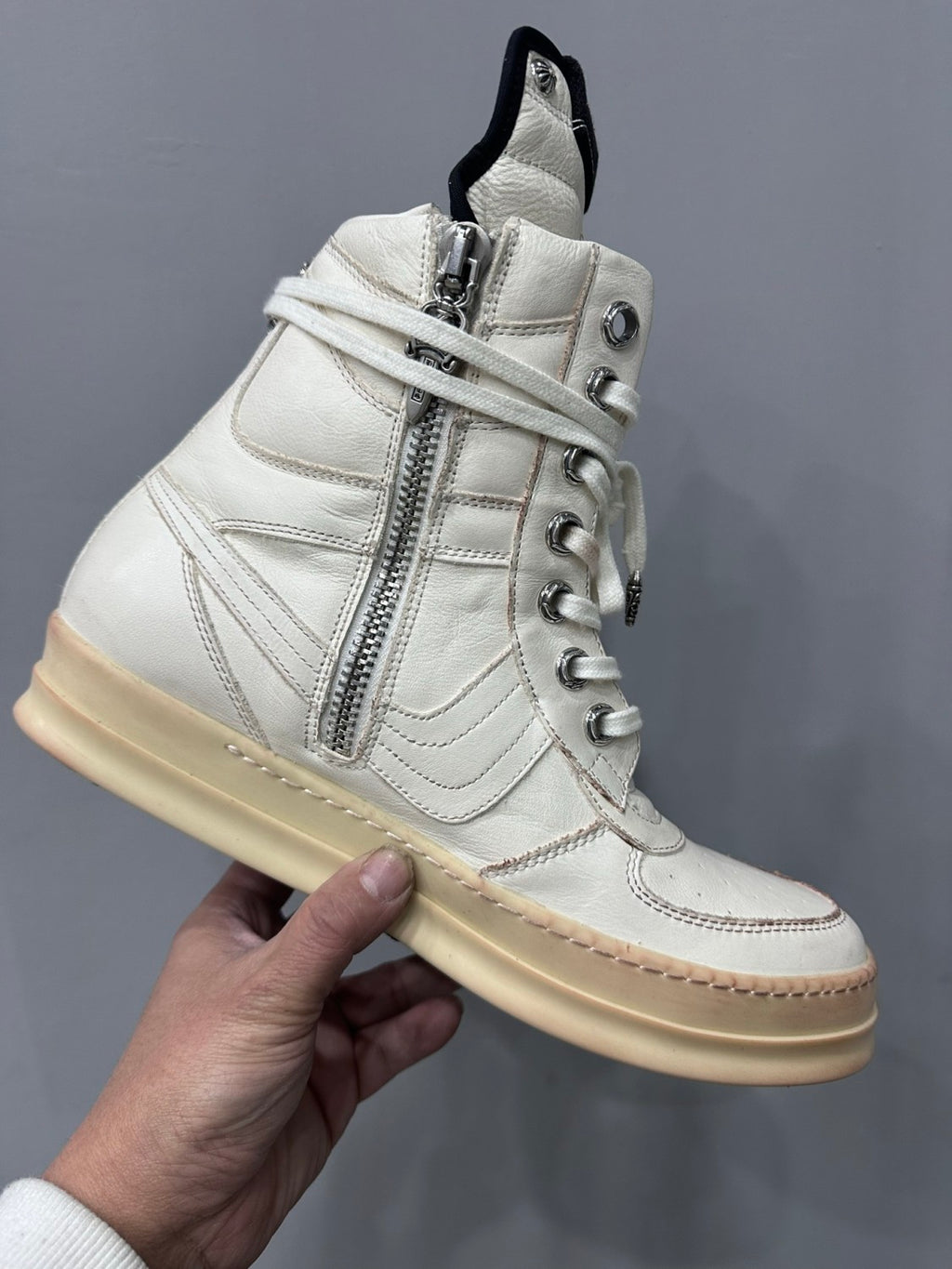 Rick Owens x Chrome Hearts Geobasket Men's And Women's Solid-colour Leather High-top Lace-up Side Zip Casual Shoes #77726