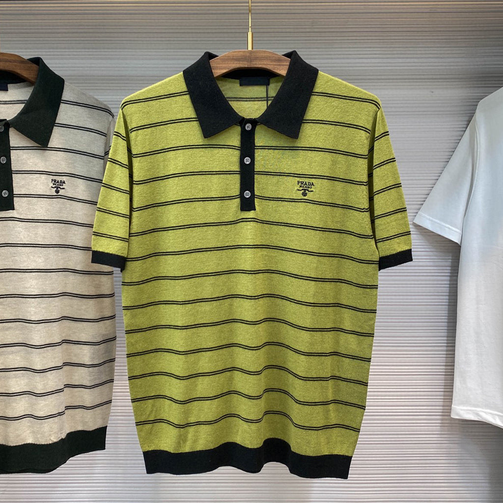 Prada Men's Summer Striped Logo Solid Color Knit Pullover Short Sleeve Polo Shirt #81199