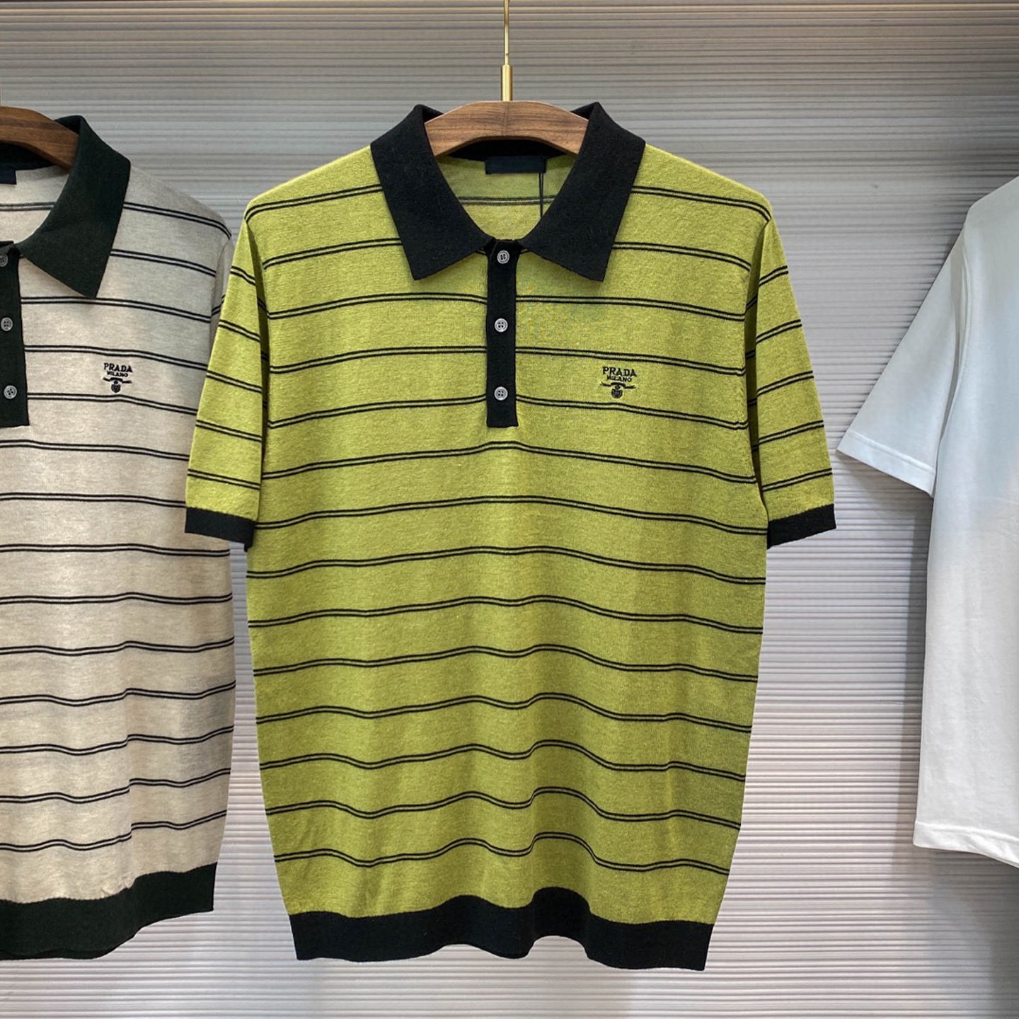 Prada Men's Summer Striped Logo Solid Color Knit Pullover Short Sleeve Polo Shirt #81199