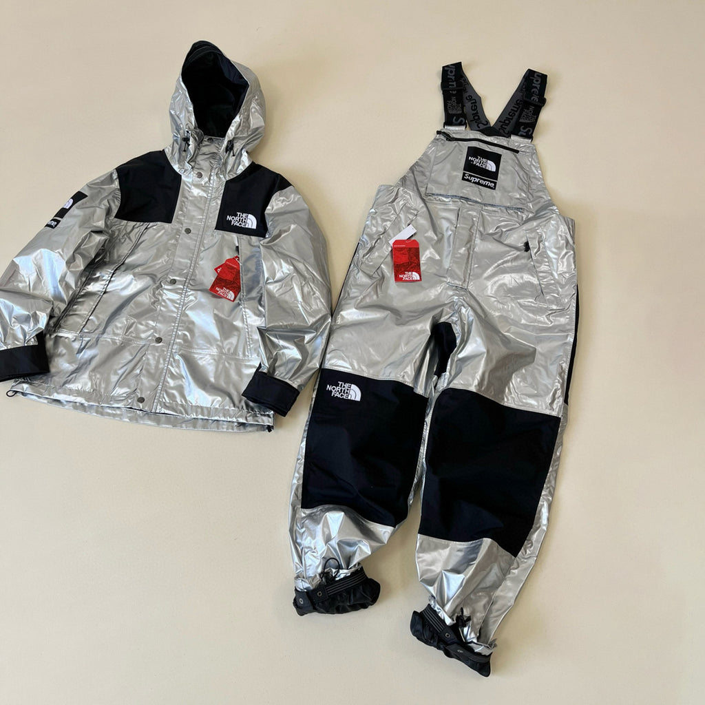 Supreme X The North Face Men's Winter Nylon Metallic Single Breasted Zip Hooded Jacket Bib Pants Overall Set Suit #97741