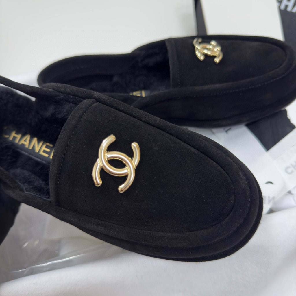 Chanel Women's Fall/Winter Casual Round Toe Slip On Teddy Fur Logo Flat Mules Shoes #79254