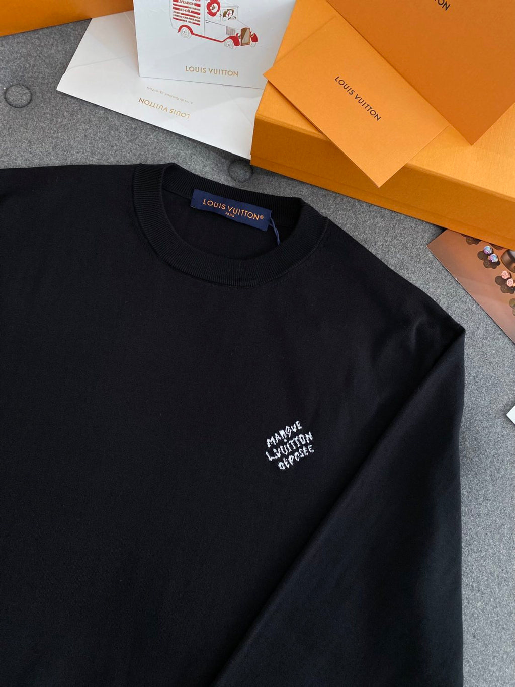 Louis Vuitton Men's Spring And Fall Logo Printed Crew Neck Black Cotton Long Sleeve Fitted Sweater #71473