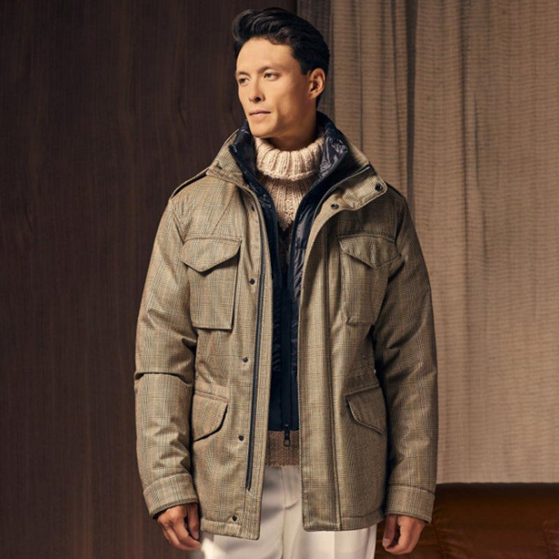 Montecore Men's Winter Down Jacket Classic Moon Prince of Wales Check Worsted Wool Down Jacket #97766