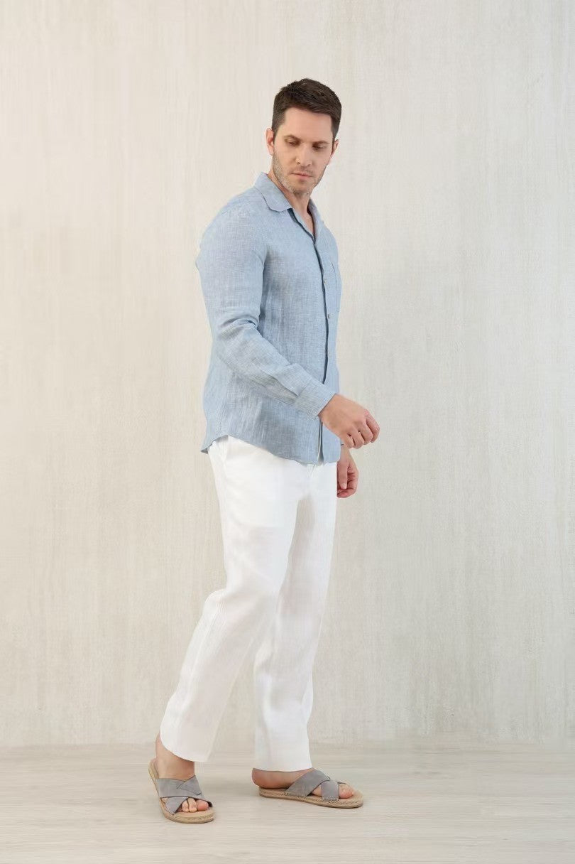 Brunello Cucinelli Men's Linen Easy Fit Shirt with Camp Collar and Chest Pocket Spring And Autumn Solid Color Long Sleeve Top Ngvp #1455