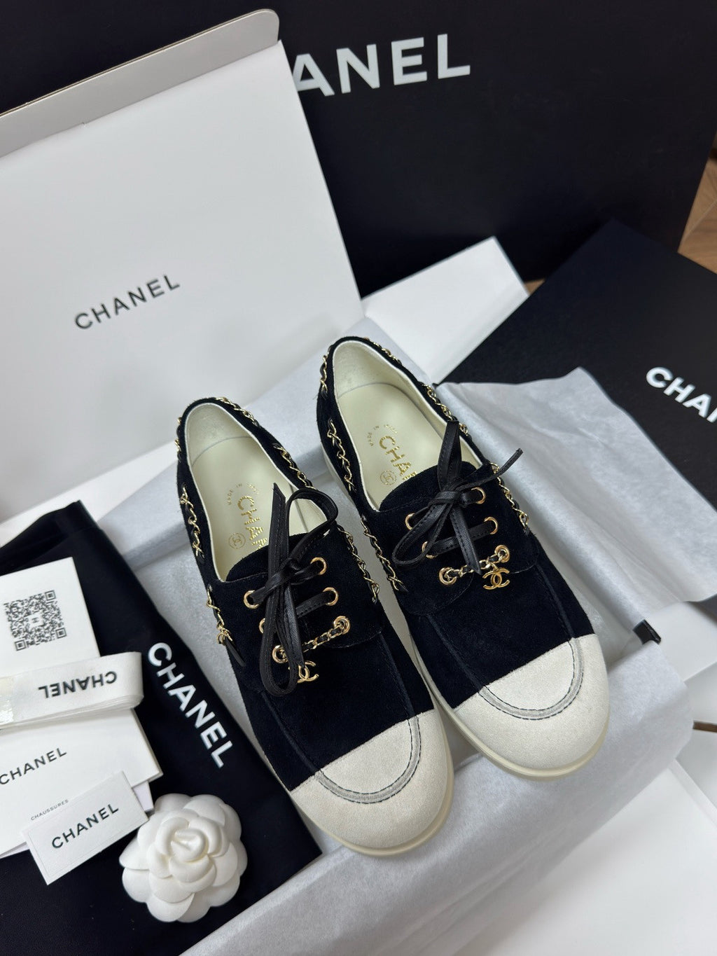 Chanel Moccasins Suede Calfskin Black Light Gray #336618