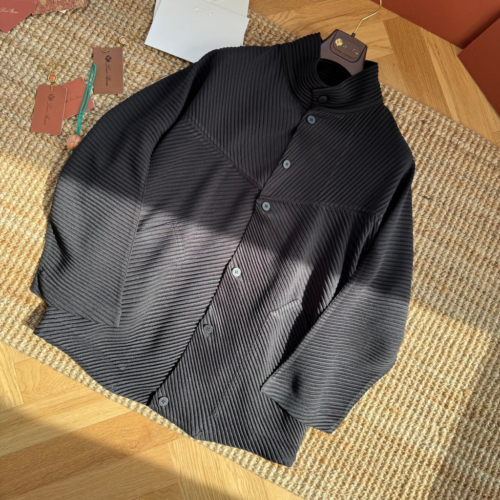 Issey Miyake Men's And Women's Spring/Fall Fashion Casual Solid Color Single Button Long Sleeve Striped Stand Up Collar Pleated Jacket #78833