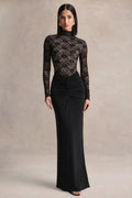Justina | Black High-Neck Maxi Dress With Gathered-Detailing