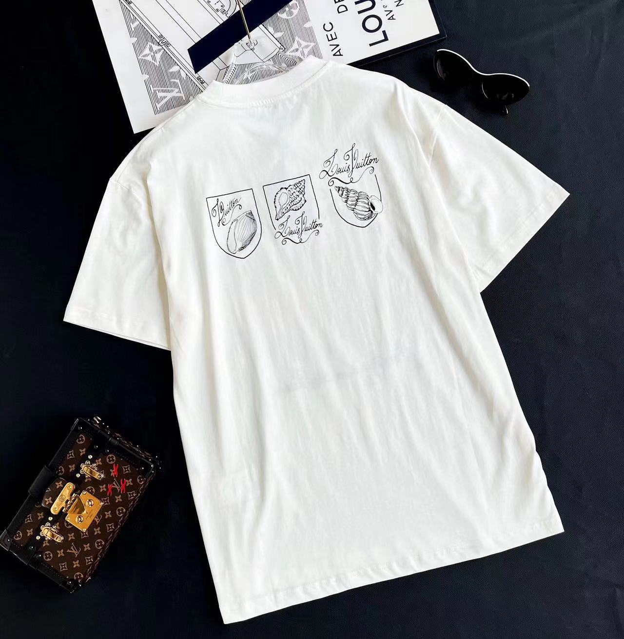 Louis Vuitton Men's Women's Summer Letter Shell Printed Cotton Short Sleeve Casual Fit White T-Shirt #71351