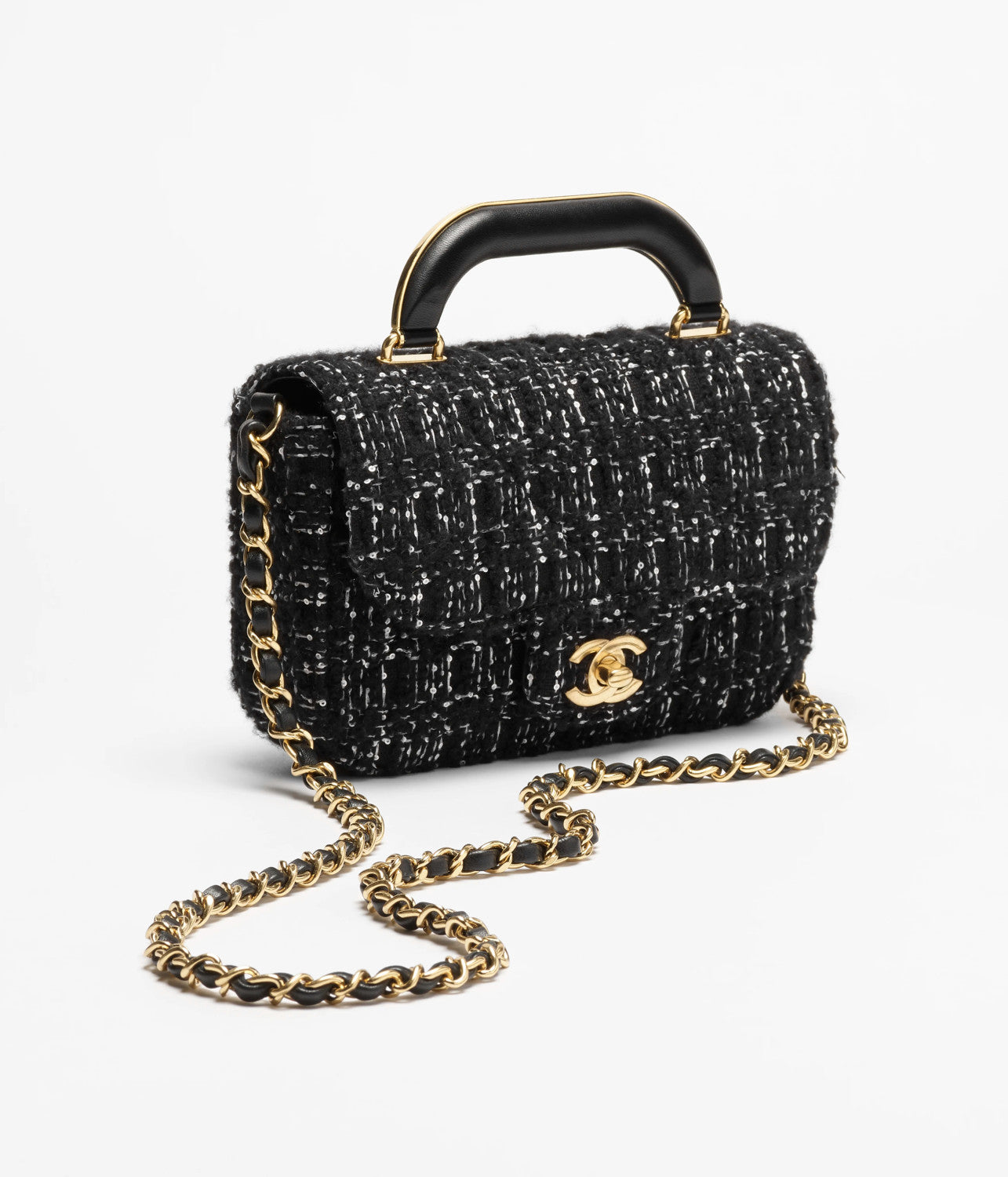 Chanel Black Gold Tweed Handle Flap Clutch Bags Small Size Fashionable Versatile Evening Bag Luxurious Women's Handbag #82444A
