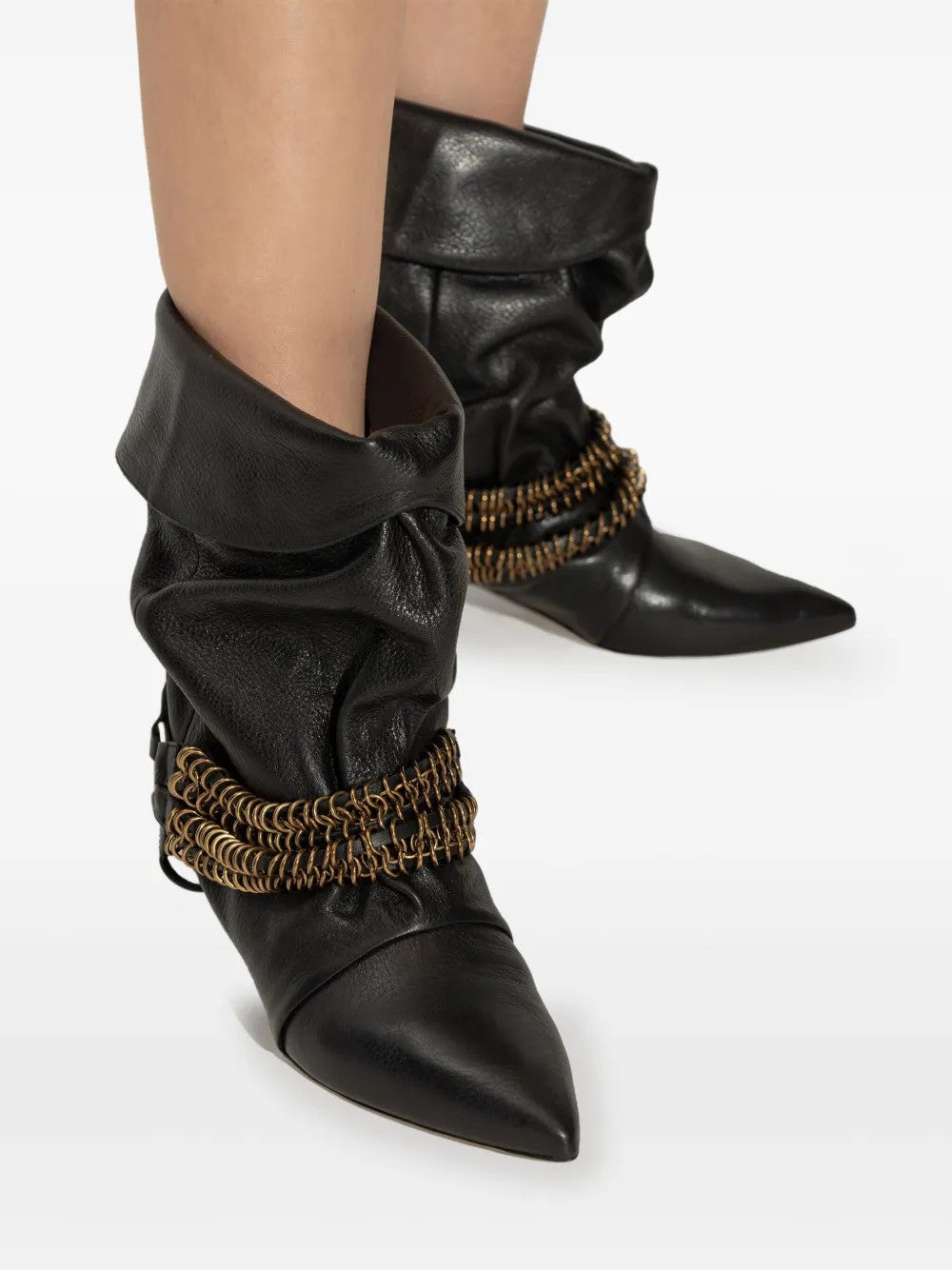 Isabel Marant Women's Autumn and Winter Edrik Leather Boots Solid Color Pointed Toe Pleated Surface Metal Chain Buckle Short Boots Heel 4.5cm Casual Shoes Ngvp #1941