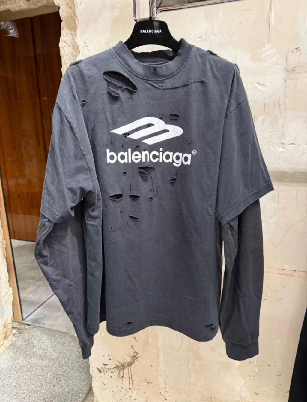 Balenciaga Men's Spring Summer 3B Sport Icon Black and Washed Black Destroyed Vintage Plain Knit Medium Fit Layered T-Shirt #75966