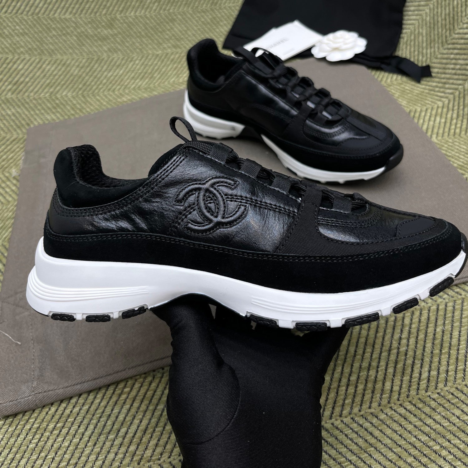 Chanel Men's And Women's Spring/Fall Fashion Casual Round Toe Lace Up Leather Suede Sneakers with Slightly Thickened Sole Shoes #78726
