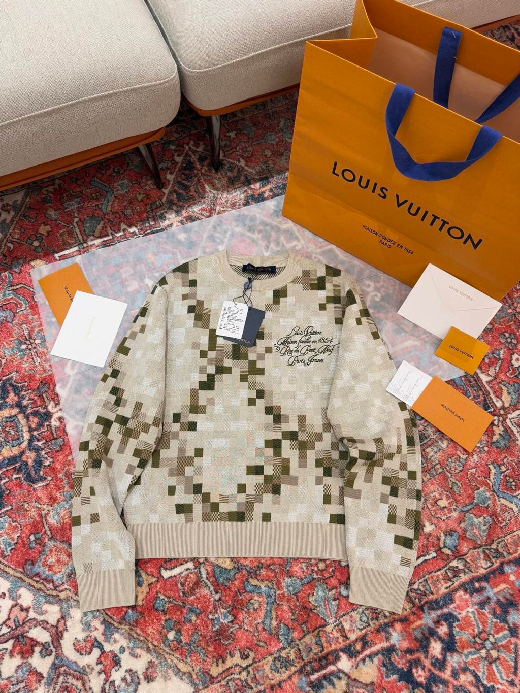 Louis Vuitton Men's Spring and Autumn Square Printed Round Neck Cotton Long Sleeve Pullover Sweater #75451