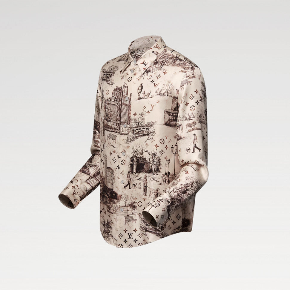 Louis Vuitton Men's Spring. Summer And Fall Logo Full Print Lapel Solid Color Long Sleeve Silk Shirt #71833