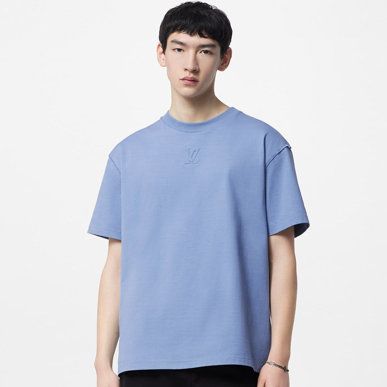 Louis Vuitton Men's And Women's Blue Embossed Logo Loose Round Neck Short Sleeve T-shirt #98495