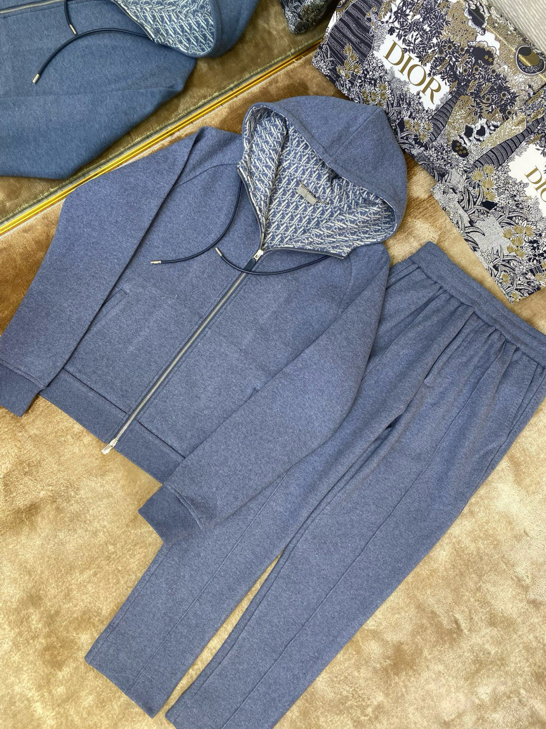 Dior Men's Spring and Autumn Solid Color Jacquard Cashmere Hooded Zipper Long Sleeve Jacket Drawstring Lace-Up Leisure Pants Suit Set #75272