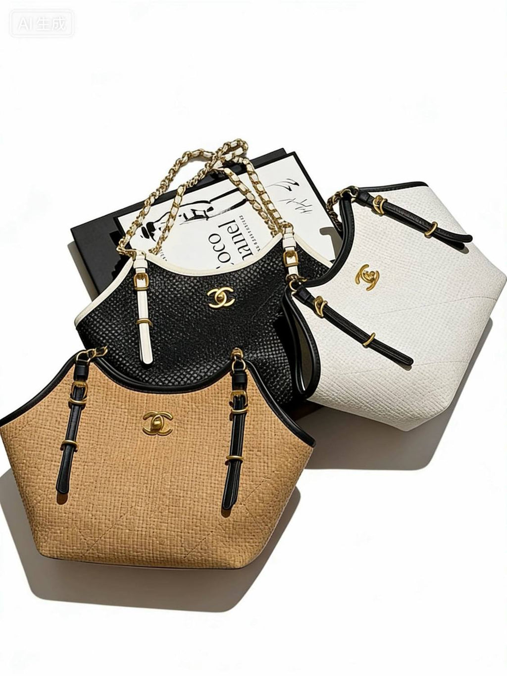 CHANEL Maxi Shopping Bag Braided Raffia Calfskin Gold-tone Metal Dark Beige Black #376633