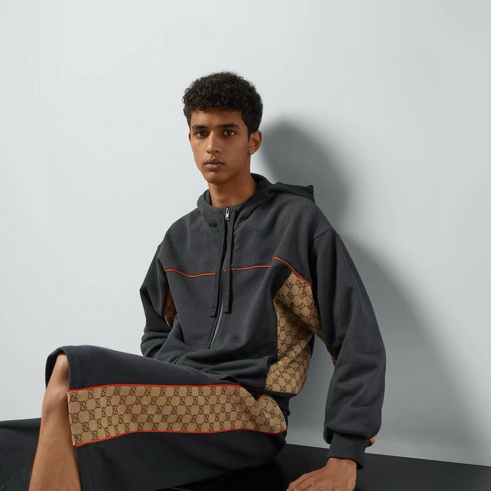 Gucci Men's Spring and Autumn Patchwork Logo Jacquard Zipper Hooded Long Sleeve Jacket Lace-Up Casual Shorts Pants Suit Set #98839