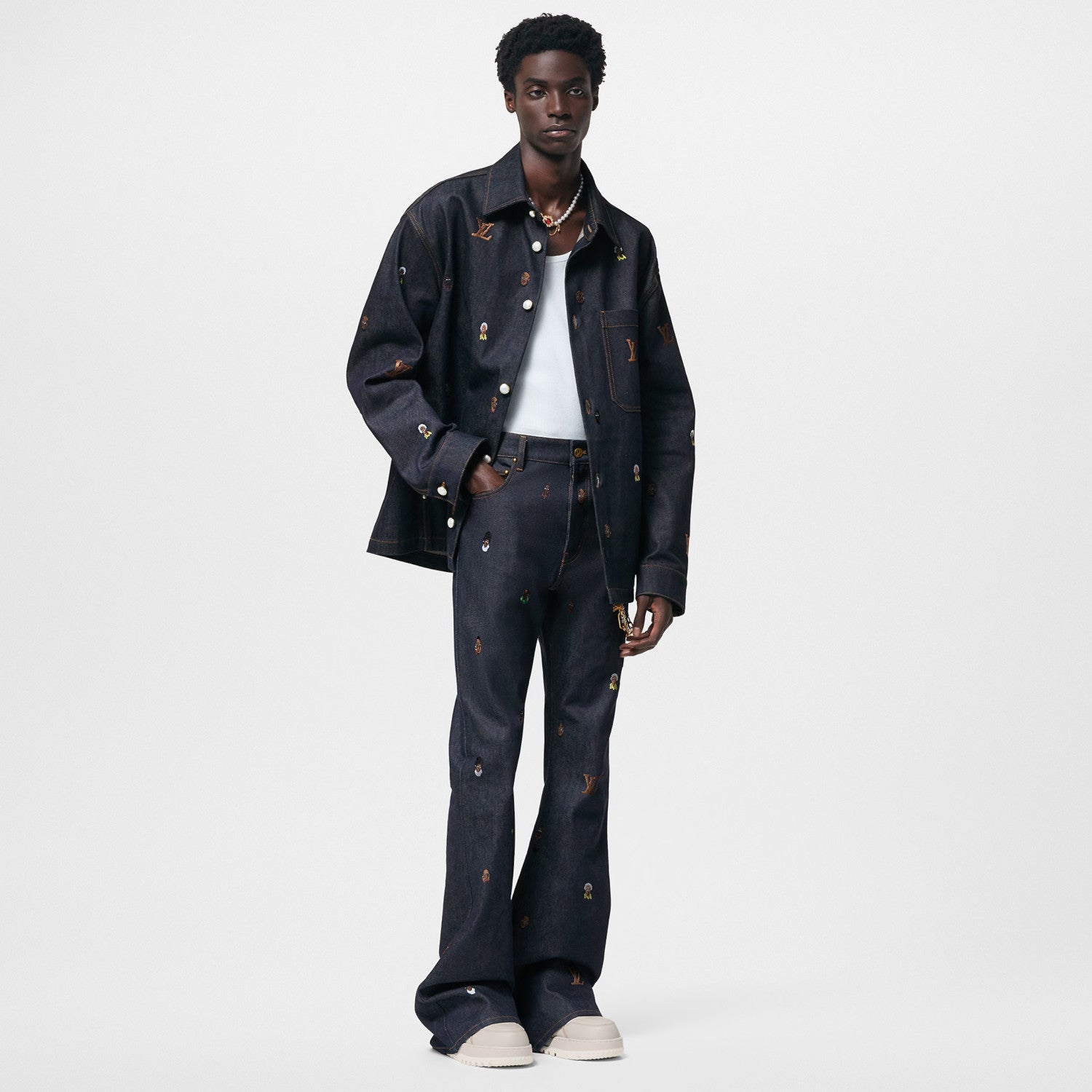 Louis Vuitton Men's Spring And Fall Dark Blue Monogrammed Embroidered Single-breasted Button Lapel Loose Casual Denim Long-sleeved Jacket Flared Jeans Pants Set Suit #73275