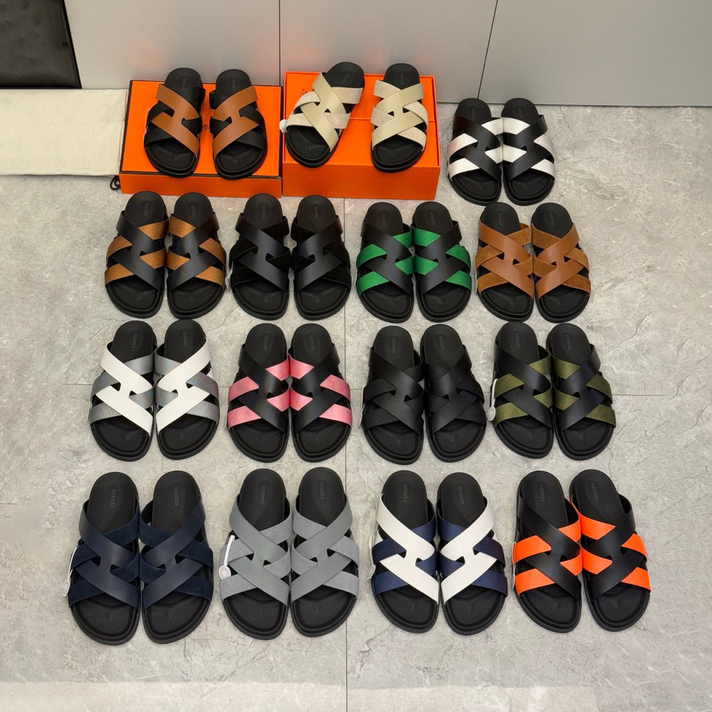 Hermes Men's Summer Solid Color Leather Suede Patchwork Sandals Slippers Shoes #76385