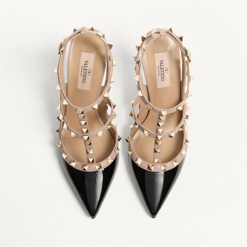 Valentino ROCKSTUD Women's Summer Classic Pointed-Toe Open-Back Stiletto Patent Leather Lace Up Studded Double-Strap High Heels #78999