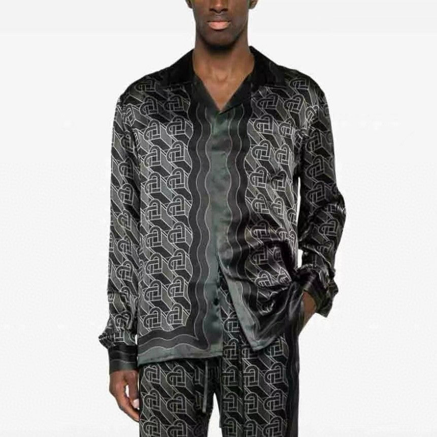 Casablanca Men's Spring And Fall Solid Color Heart Full Print Lapel Long-Sleeved Silk Loose Shirt Casual Elastic Waist Straight Pants Ngvp #8827
