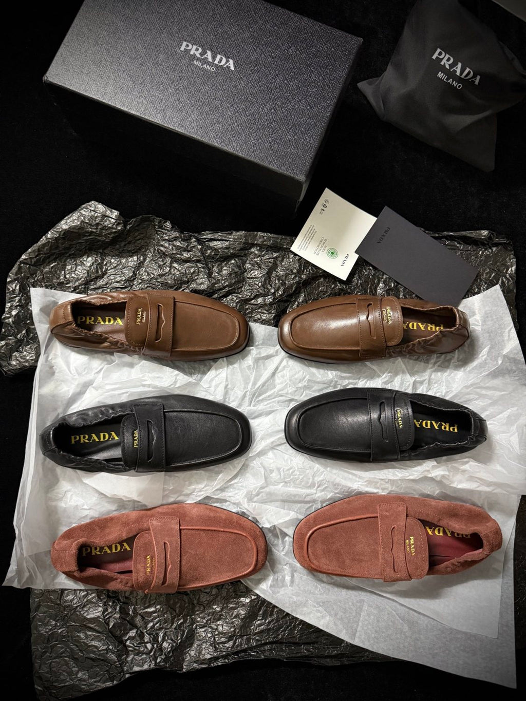 Prada Women's Solid Color Round Toe Slip-On Shiny Oiled Leather and Suede Casual Loafers Shoes #77758