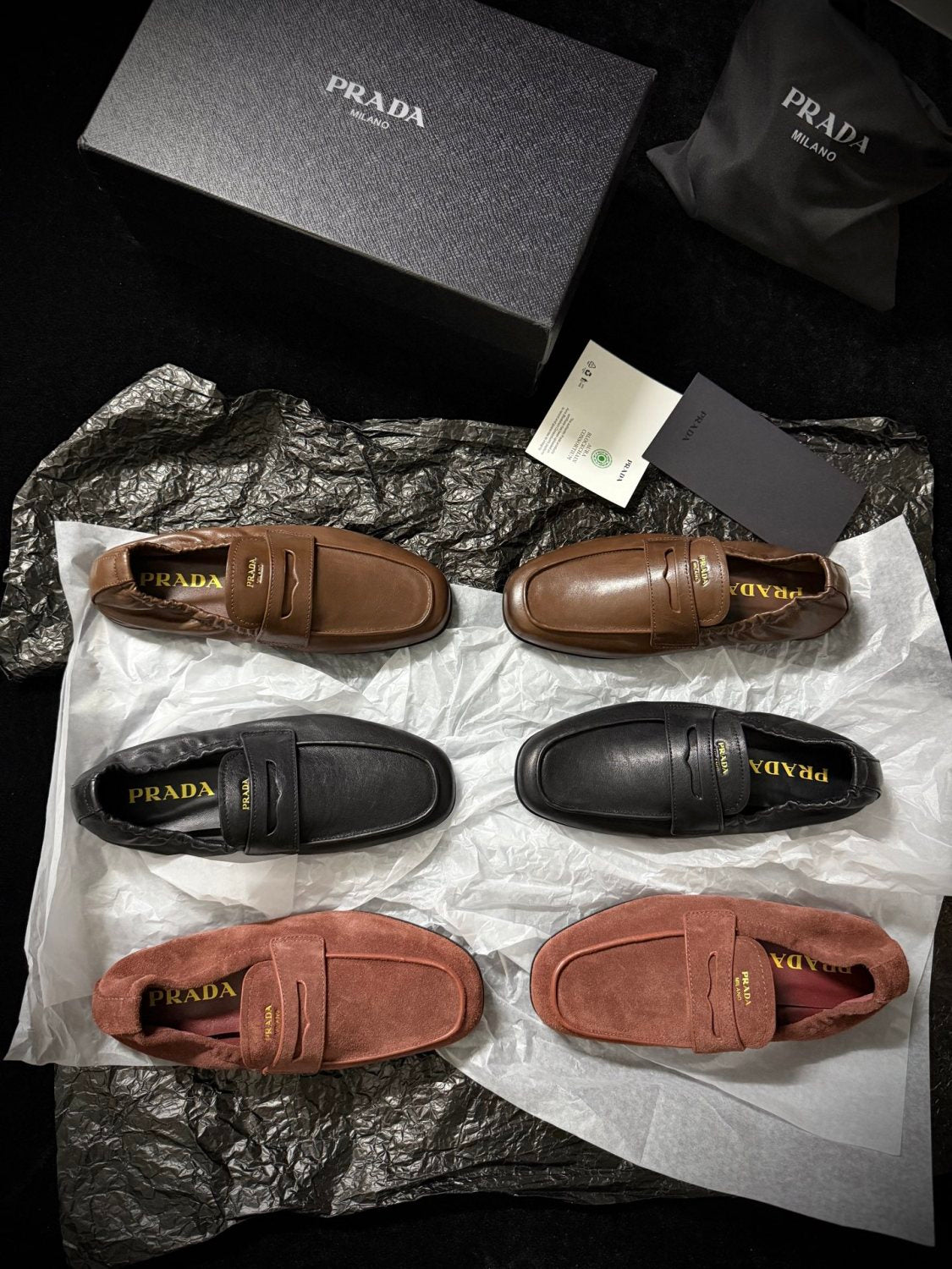 Prada Women's Solid Color Round Toe Slip-On Shiny Oiled Leather and Suede Casual Loafers Shoes #77758
