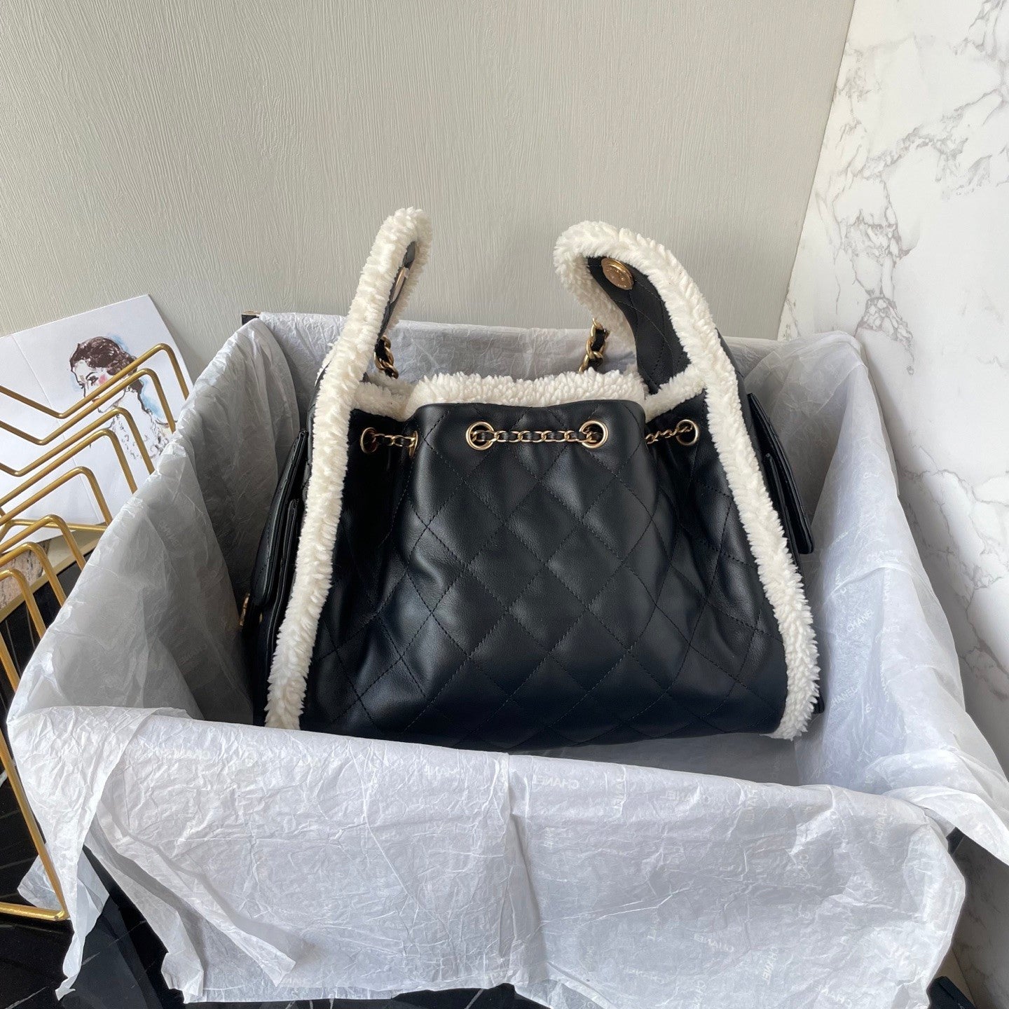Chanel Women's Classic Winter Collection Leather Logo Drawstring Chain Handbag Shoulder Bag Bags AS5293-B22309-U4139 #78882