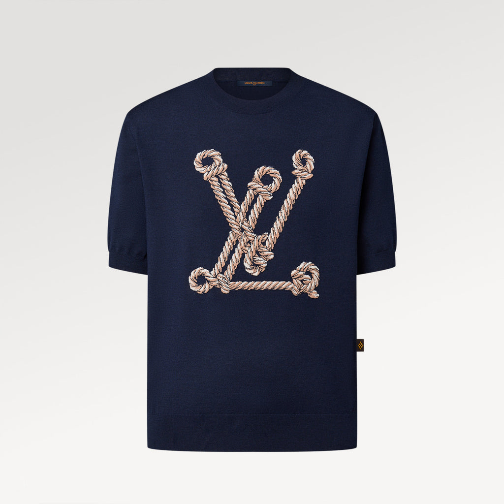 Louis Vuitton Women's Spring And Summer Nautical Series Blue Knitted T-shirt Fashion Trend Jacquard Casual Round Neck Top #81629