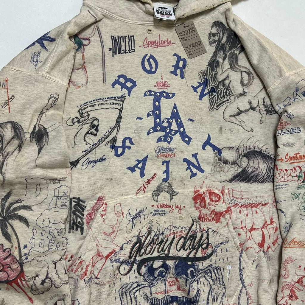 Saint Michael x Born x Raised Men's Spring And Autumn Graffiti Cotton Hooded Pullover Fitted Solid Color Long Sleeve Sweatshirt Ngvp #9284