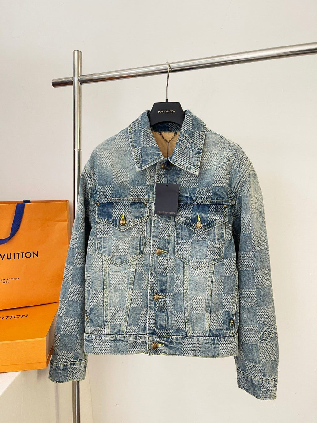 Louis Vuitton Men's Spring And Fall Checkerboard Print Single Breasted Long Sleeved Denim Jacket Button Jeans Pants Suit Set #75884
