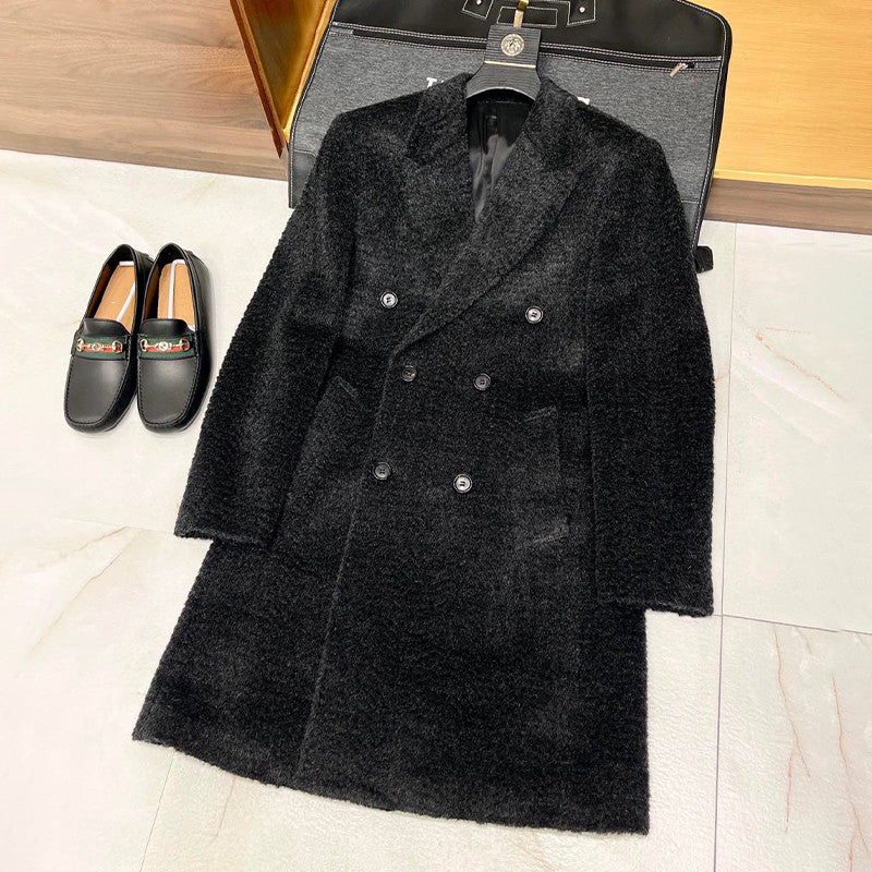 Hermes Men's Fall And Winter Water Wave Texture Casual Double-Breasted Medium-Length Wool Blend Coat Ngvp #9882