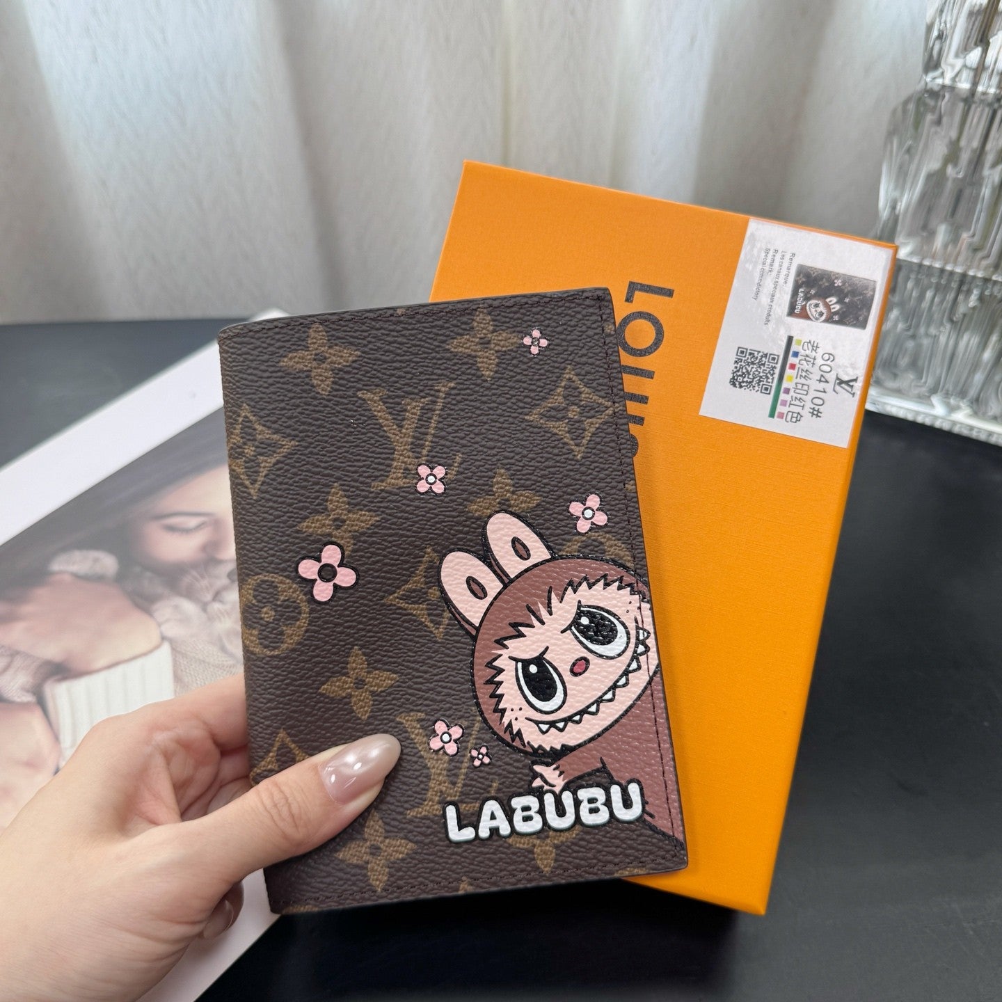 Louis Vuitton Labubu Pattern Printed Flip-Top Brown Leather Wallet Passport Holder with Letter Print Bag Bags #77788