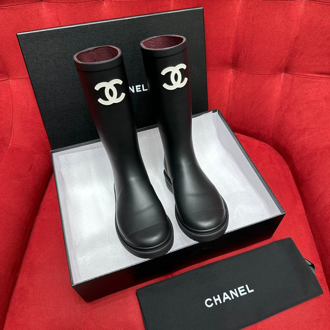 Chanel 25S Fashion Overalls Tall Boots Women's Beige Anti-Slip Rain Boots #332426