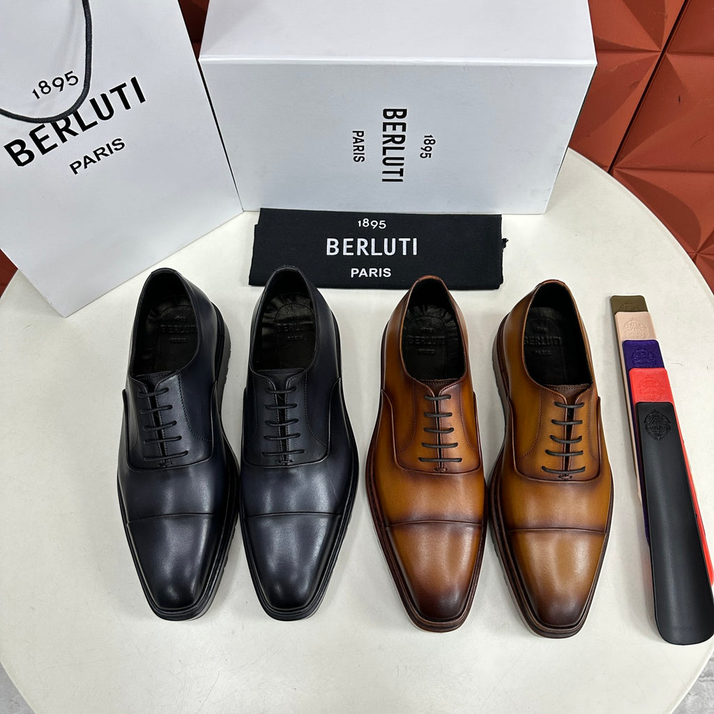 Berluti Alessandro Altof Men's Fall/Winter Fashion Classic Round Toe Slip On Lace Up Handcrafted Vintage Leather Oxford Shoes #79112