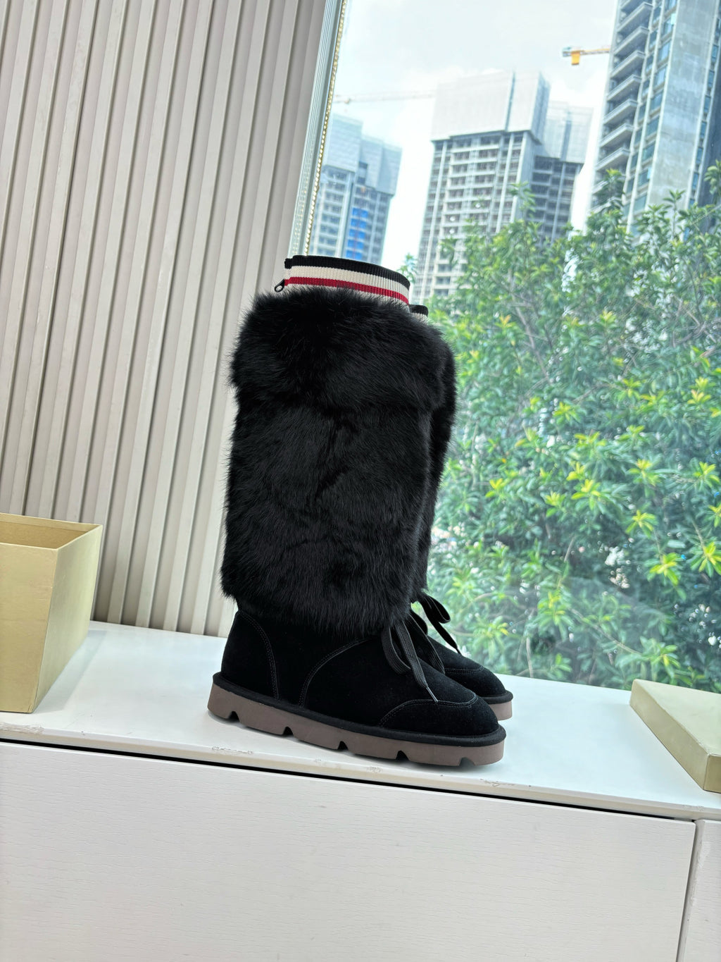 Brunello Cucinelli Women's Fall/Winter Suede Cowhide Rabbit Fur Round-Toe Zipper Lined Lamb Wool High-Top Boots Casual Solid-Color Snow Boots Shoes #81588