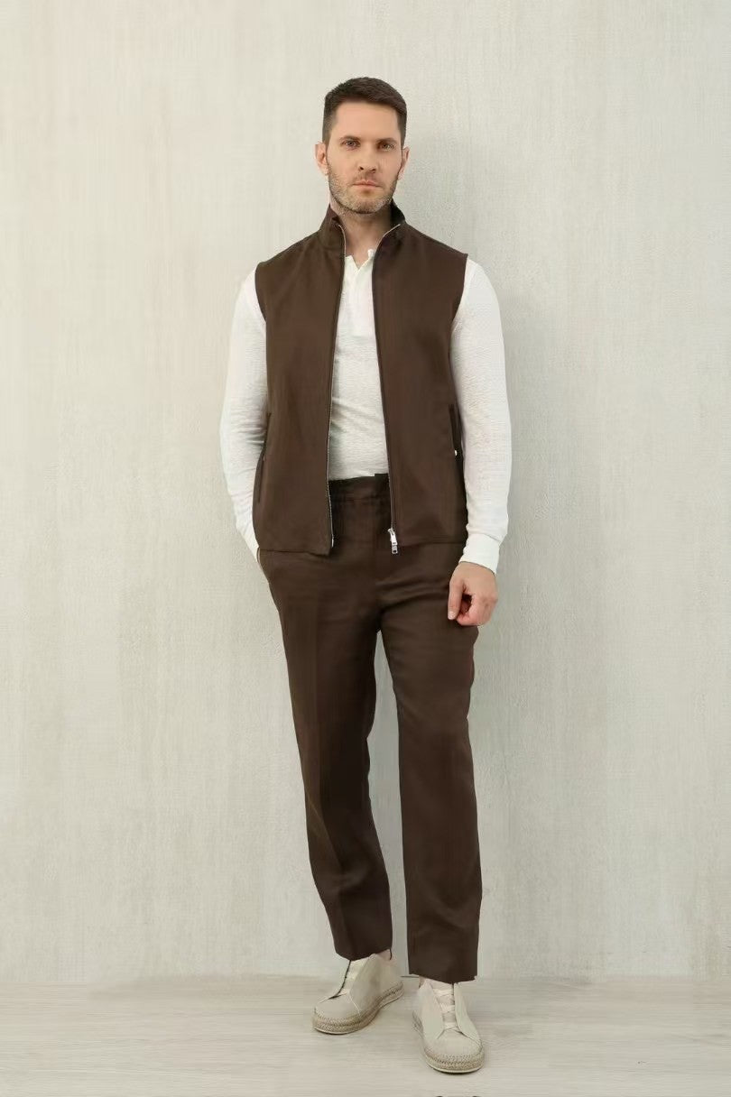 Ermenegildo Zegna Men's Spring And Autumn Solid Color Standing Collar Zipper Fit Sleeveless Vest Jacket Ngvp #1168