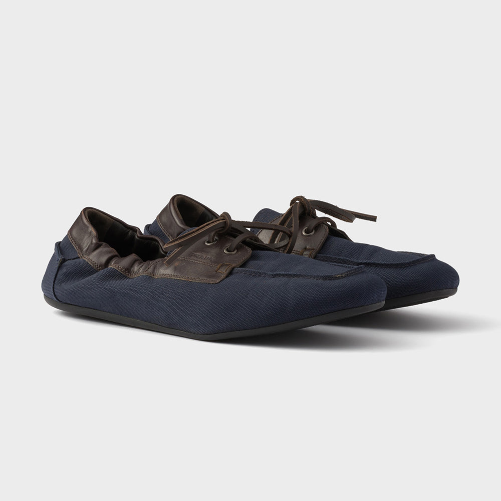 PRADA Shuffle Aged Canvas And Leather Boat Shoes #381722